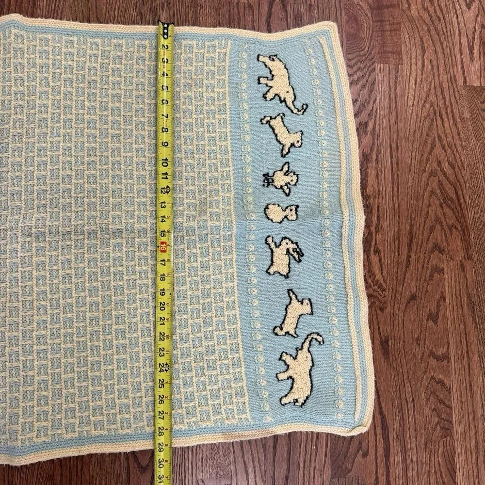 Vtg Crocheted Baby Afghan Blanket Blue Cream Bunny Elephant Animal Nursery Decor